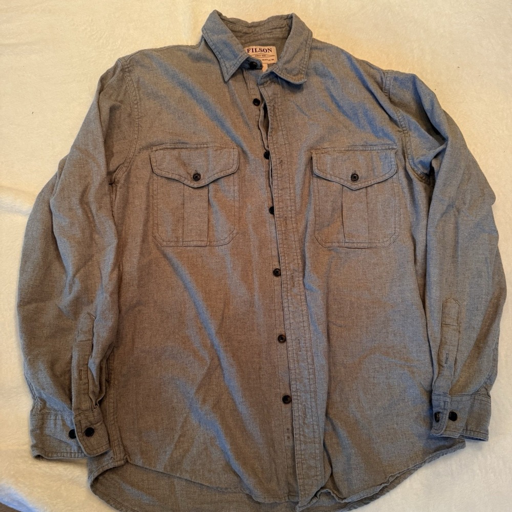 Filson Shirt Men Medium Heather Gray Cotton Workwear Utility Outdoor Button Up